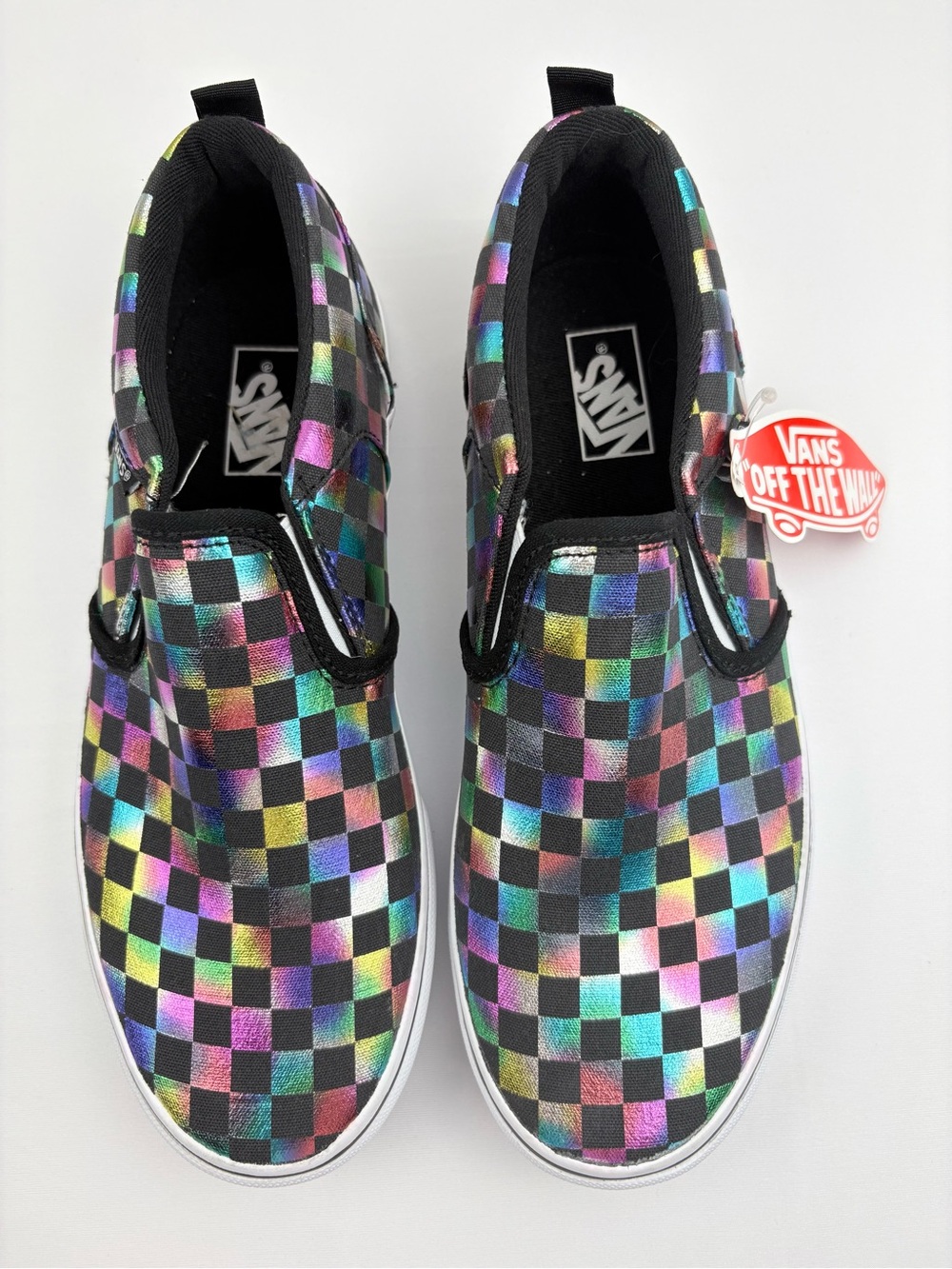 NWT Vans Asher Slip-on Sneakers with a Vibrant Iridescent Checkerboard Pattern